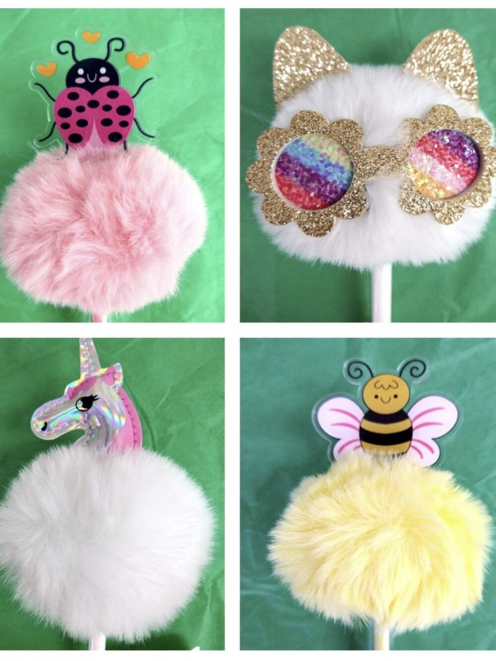 Lot of 20 *NWT* Fluffy Cute PomPom Pens 8 cat 4 ladybug 4 bee 4 unicorns